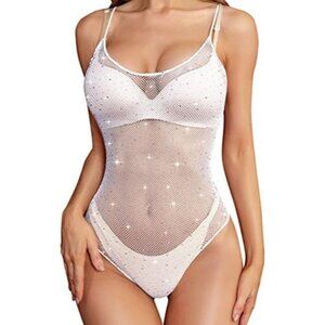 Women White Lingerie Fishnet Teddy Sparkle Rhinestone One Piece Mesh Bodysuit